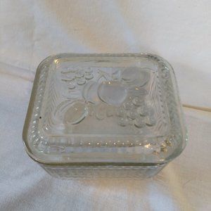 Vintage Federal Refrigerator Dish w/lid Ribbed Clear Glass Peaches & Cherries